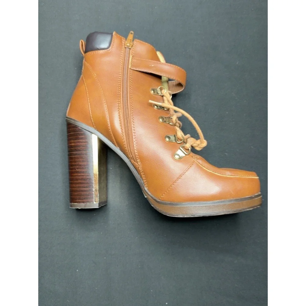 Torrid Womens 10W Cognac Lace Up Heeled Combat Ankle Boots Buckle Zip Wide